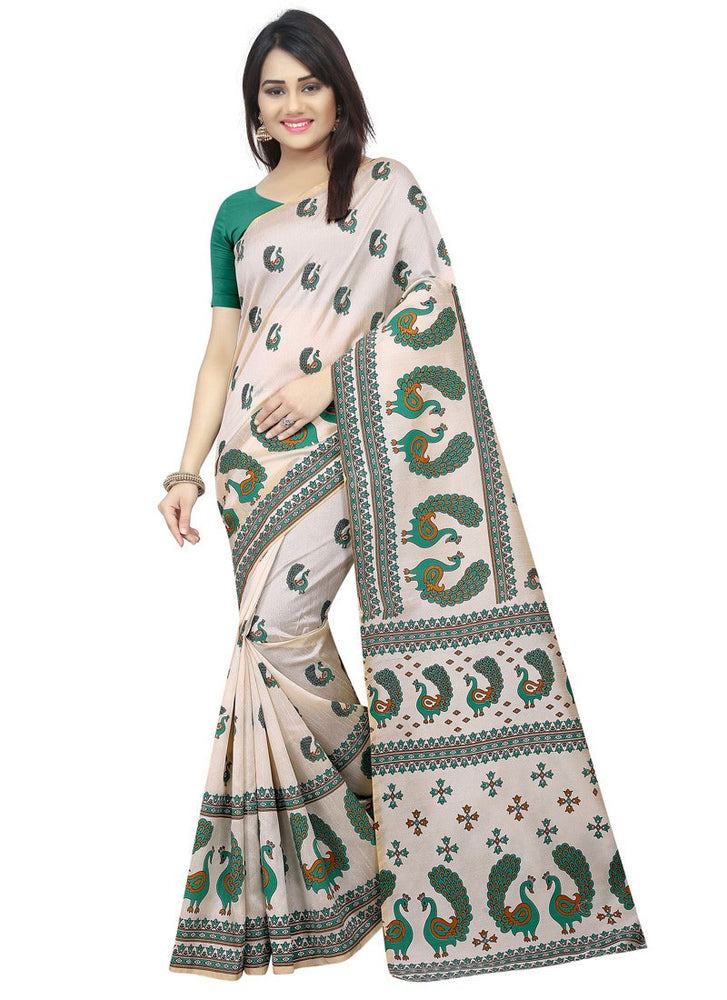 Off White, Turquoise Color  Poly Silk Saree only in Bigswipe