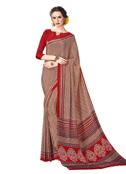 Beige, Red Color Crepe Saree only in Bigswipe