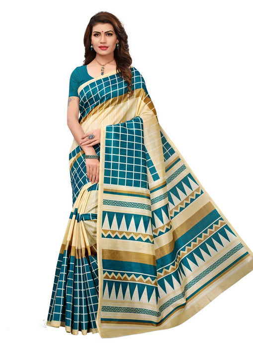 Beige, Turquoise (Peacock Green) Color  Bhagalpuri Silk (Art Silk) Saree only in Bigswipe