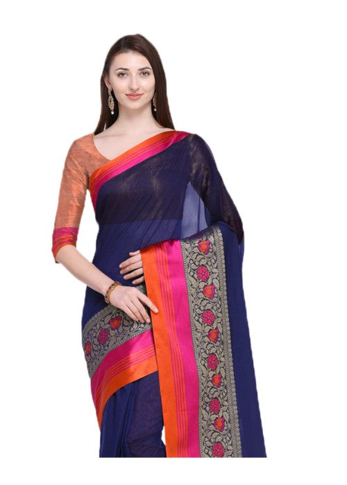 Navy Blue Color Cotton Silk Plain Work Saree only in Bigswipe