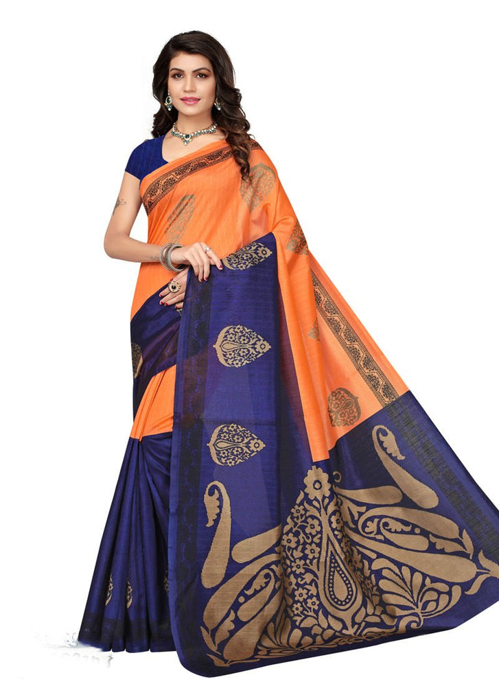 Orange, Navy Blue Color Bhagalpuri Silk Saree only in Bigswipe