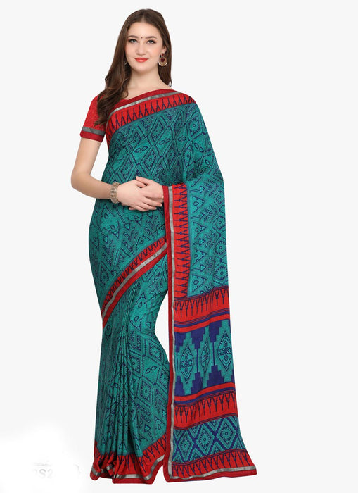 Peacock Blue, Red Color Crepe Saree only in Bigswipe