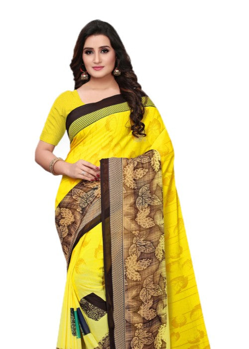 Yellow, Brown Color Georgette Printed Work Saree