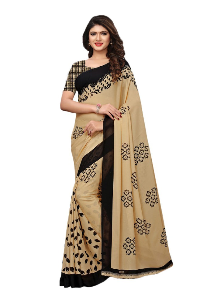 Beige, Black Color Georgette Printed Work Saree only in Bigswipe