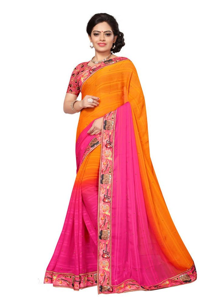 Pink, Yellow Color Chiffon Georgette Saree only in Bigswipe