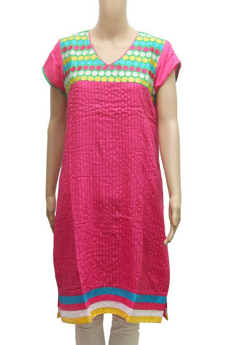 Pink &amp; Green Emboss Printed Rayon Kurti only in Bigswipe