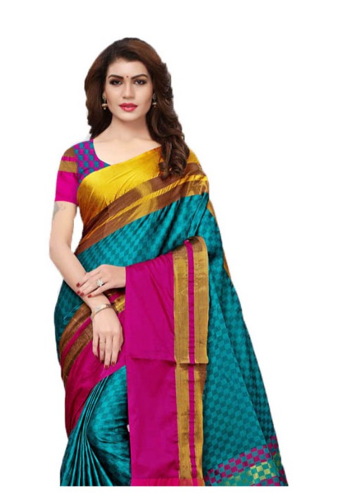 Turquoise, Pink, Yellow Color Poly Silk Woven Work Saree