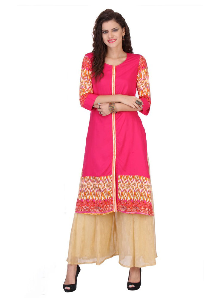 Pink Color Zig Zag Print With Sequins Lace Rayon Kurti only in Bigswipe