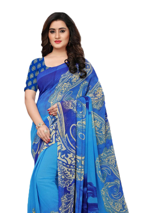 Blue, Multi Color Georgette Printed Work Saree only in Bigswipe