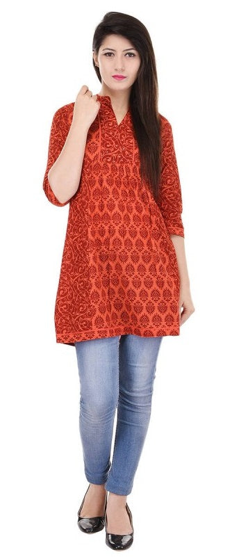 Cotton 40-60 Semi Anarkali Block Printed Chinese Collar Kurti only in Bigswipe