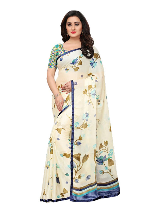 Off White, Navy Blue Color Chiffon Printed Work Saree only in Bigswipe