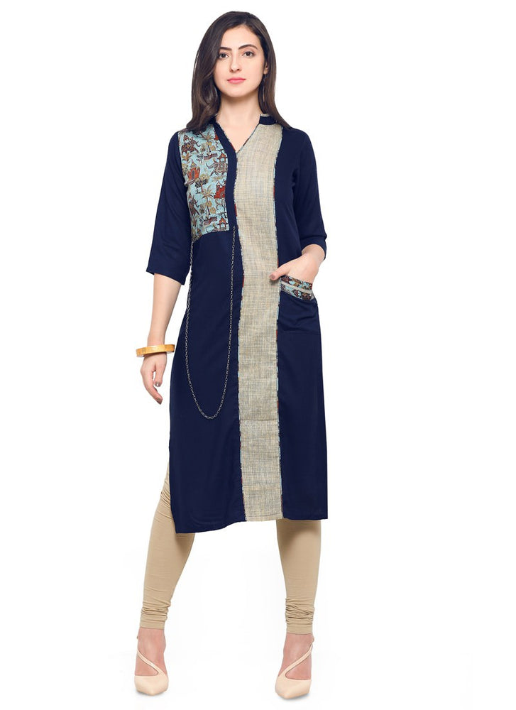 Navy Blue, Beige Color Printed Patch Rayon Kurti only in Bigswipe