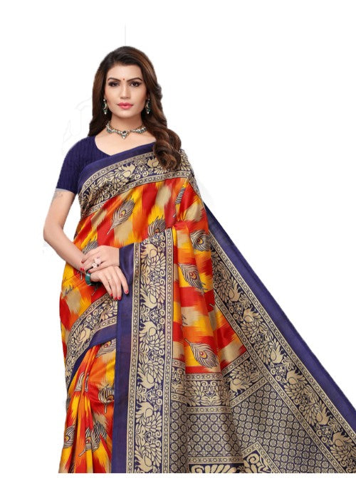 Navy Blue, Red, Multi Color Poly Silk Printed Work Saree only in Bigswipe