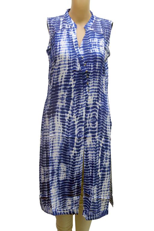 Blue Smoky Printed Front Slit Rayon Sleeveless Kurti only in Bigswipe