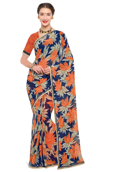 Navy Blue, Orange Color Georgette Saree only in Bigswipe