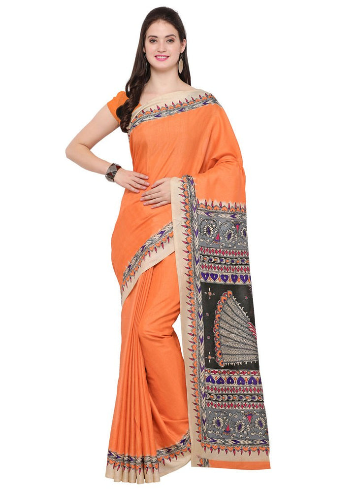 Orange Color Tussar Silk Saree only in Bigswipe