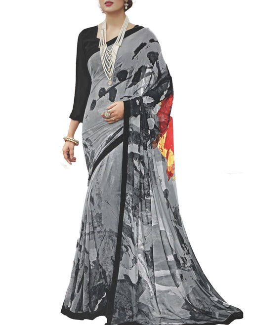 Georgette Digital Saree With Blouse-Grey Color Saree only in Bigswipe