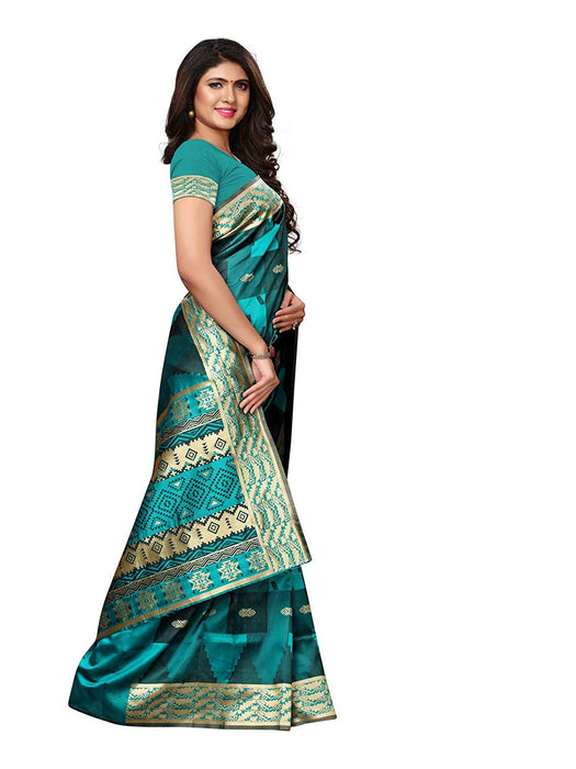 Turquoise, Black Color Poly Silk Saree