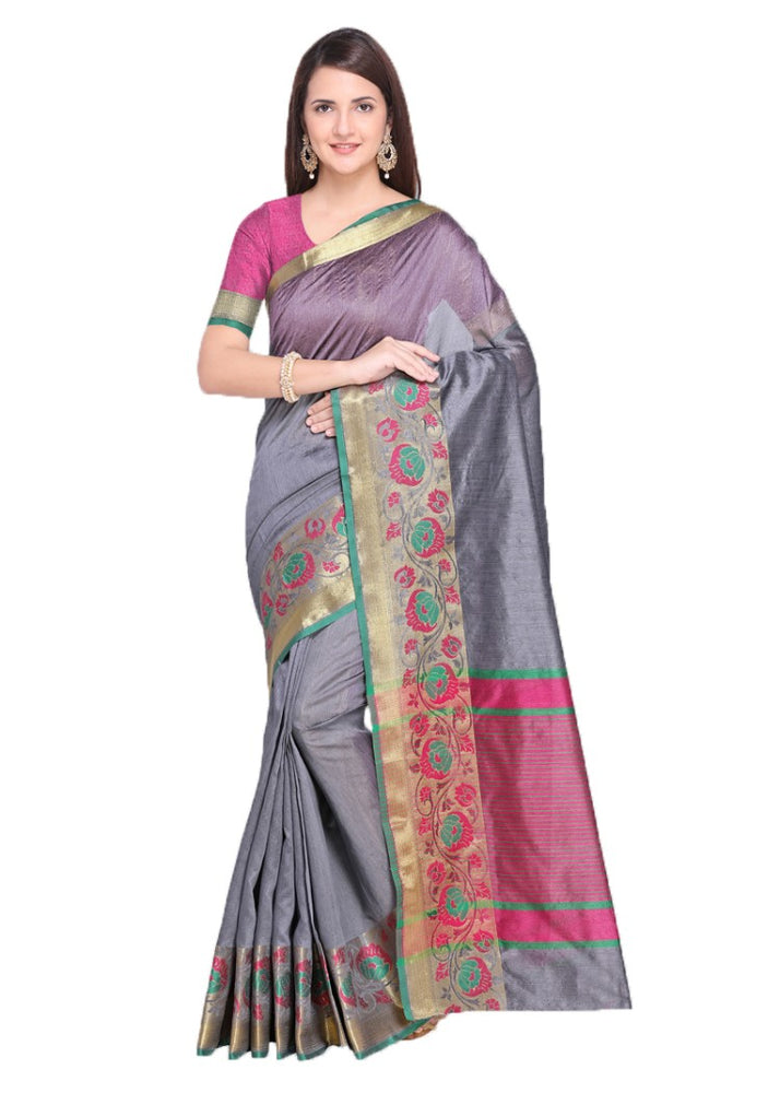 Grey Color Tussar Silk (Poly Silk) Jacquard Border Work Saree only in Bigswipe