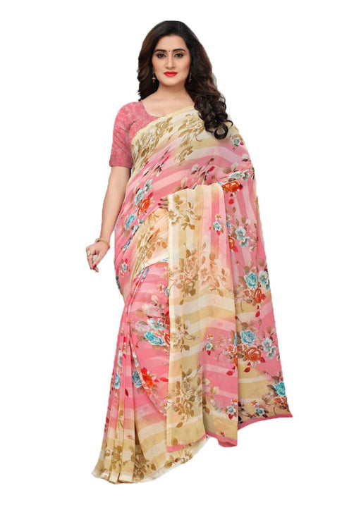 Pink, Beige, Multi Color Georgette Printed Work Saree only in Bigswipe