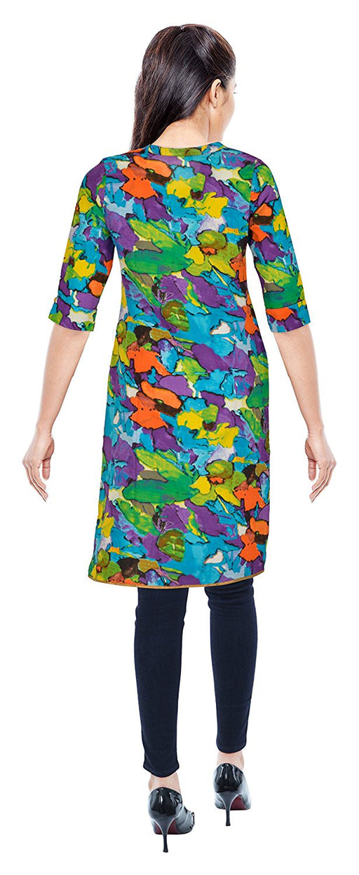 Women's Blue Printed Cotton Casual Knee Length Kurti