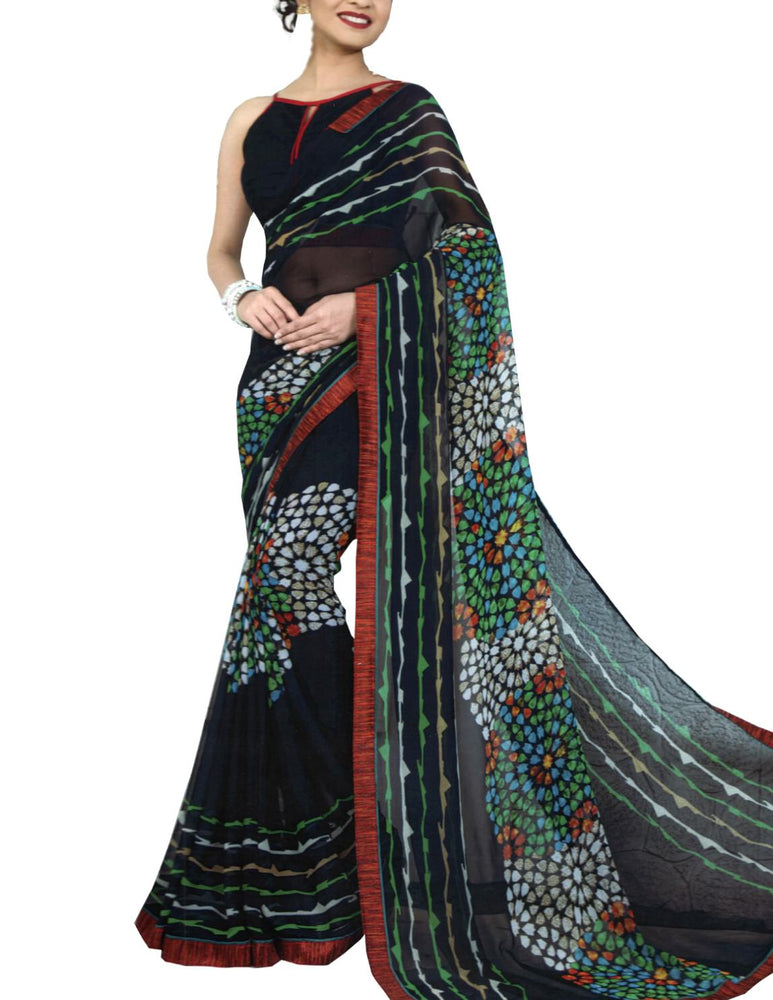 Chiffon Digital Color Printed Saree-Black with Multi only in Bigswipe