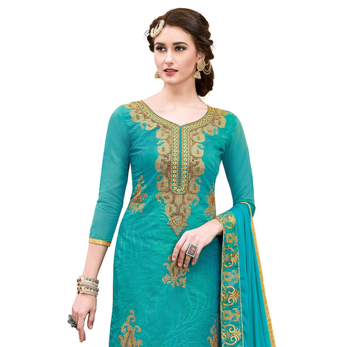 Chanderi Cotton Fabric Turquoise Color Dress Material only in Bigswipe