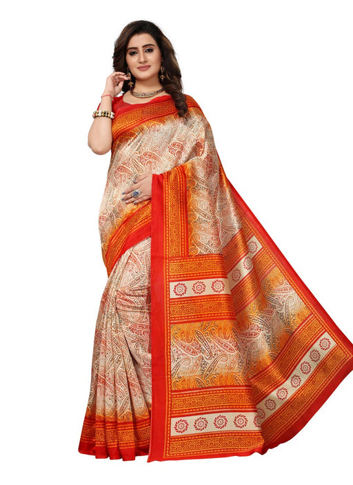 Beige, Red Color  Poly Silk Saree only in Bigswipe