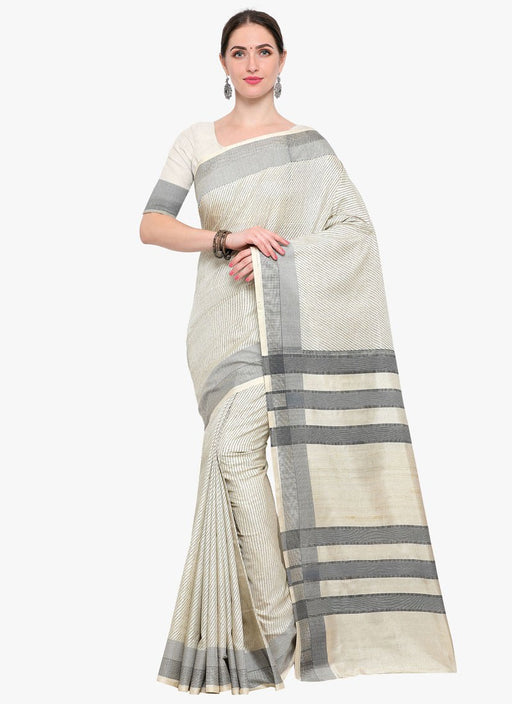 Off White, Black Color Terylene Saree only in Bigswipe