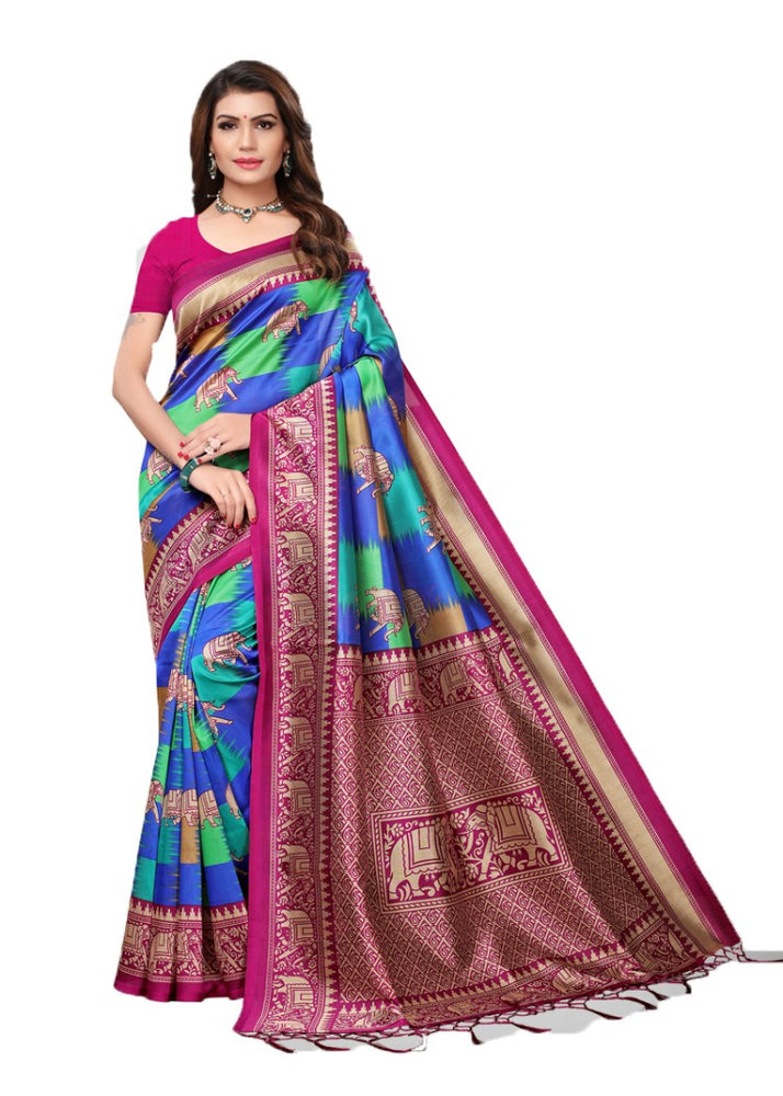 Magenta, Blue, Multi Color Poly Silk Printed Work Saree only in Bigswipe