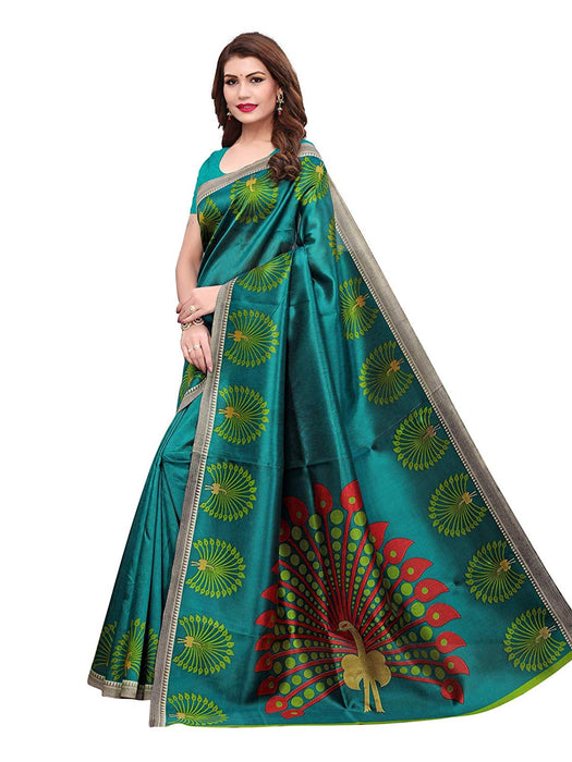 Turquoise, Multi Color Poly Silk Saree