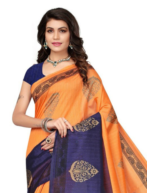 Printed Bhagalpuri Art Silk orange with Navy Blue Color Saree only in Bigswipe