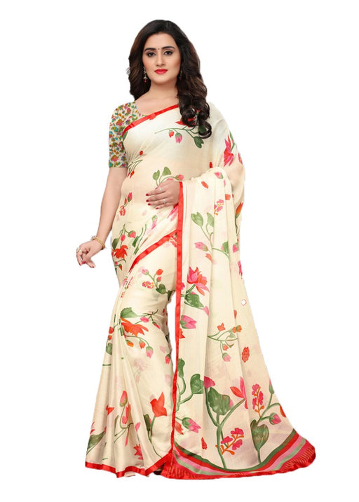 Off White, Red Color Chiffon Printed Work Saree only in Bigswipe