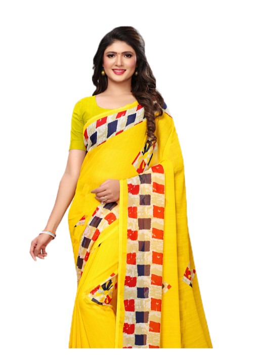 Yellow, Multi Color Georgette Printed Work Saree