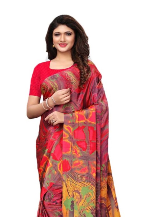 Red, Multi Color Crepe Printed Work Saree