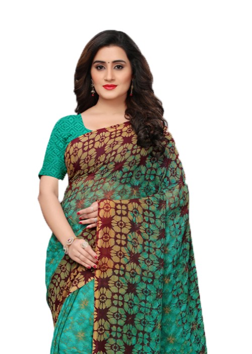 Turquoise, Purple, Multi Color Georgette Printed Work Saree