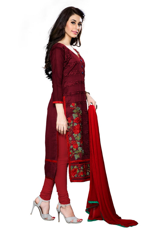 Womens Designer Dark Maroon Cotton Partywear Salwar Suit Dress Material For Womens