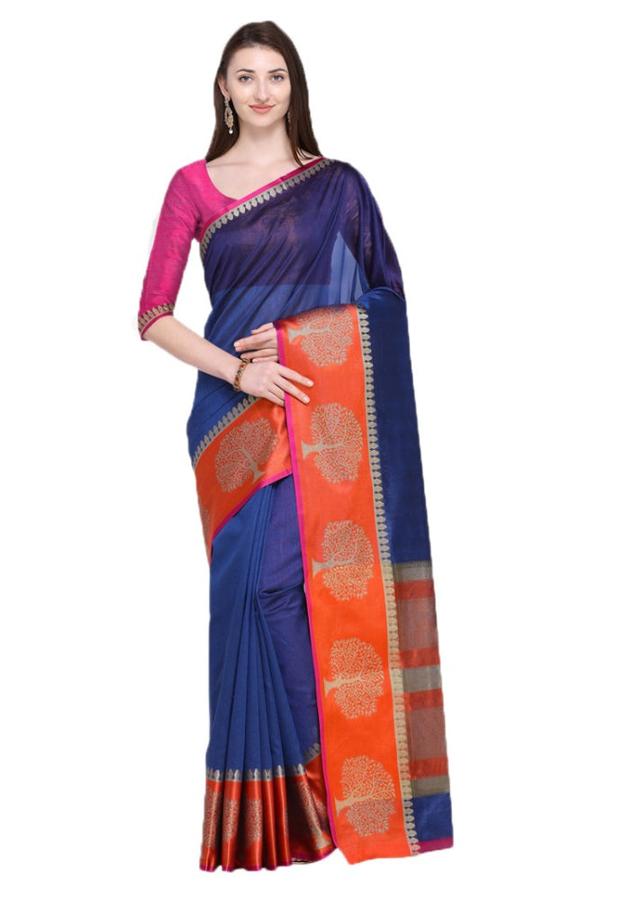 Navy Blue Color Tussar Silk (Poly Silk) Plain Work Saree only in Bigswipe