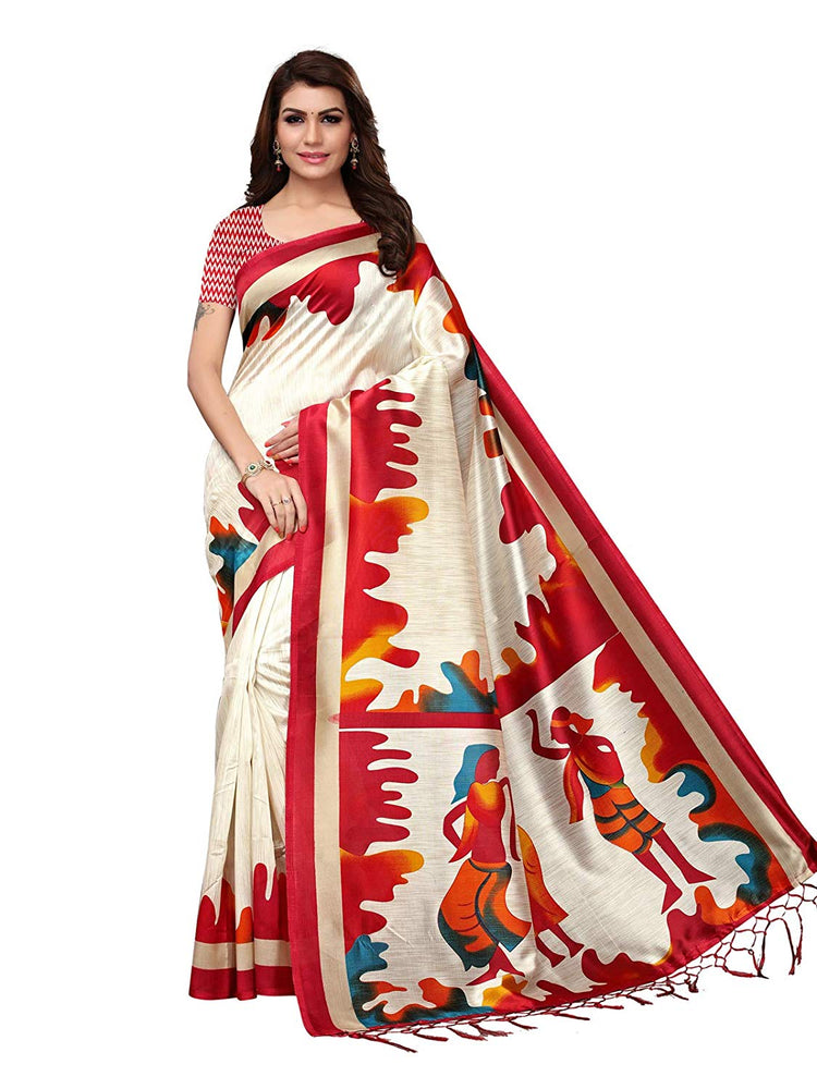 Off White, Red Color Poly Silk Saree only in Bigswipe