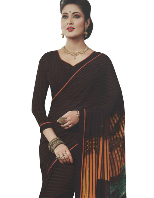 Georgette Digital Saree With Blouse-Dark Brown Color Saree only in Bigswipe