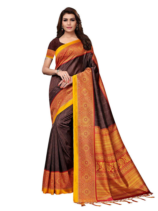 Brown, Multi Color Poly Silk Saree only in Bigswipe