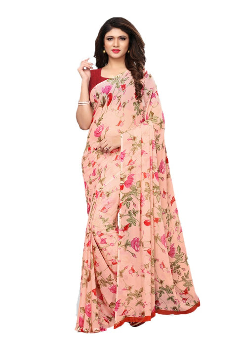 Pink, Multi Color Chiffon Printed Work Saree only in Bigswipe