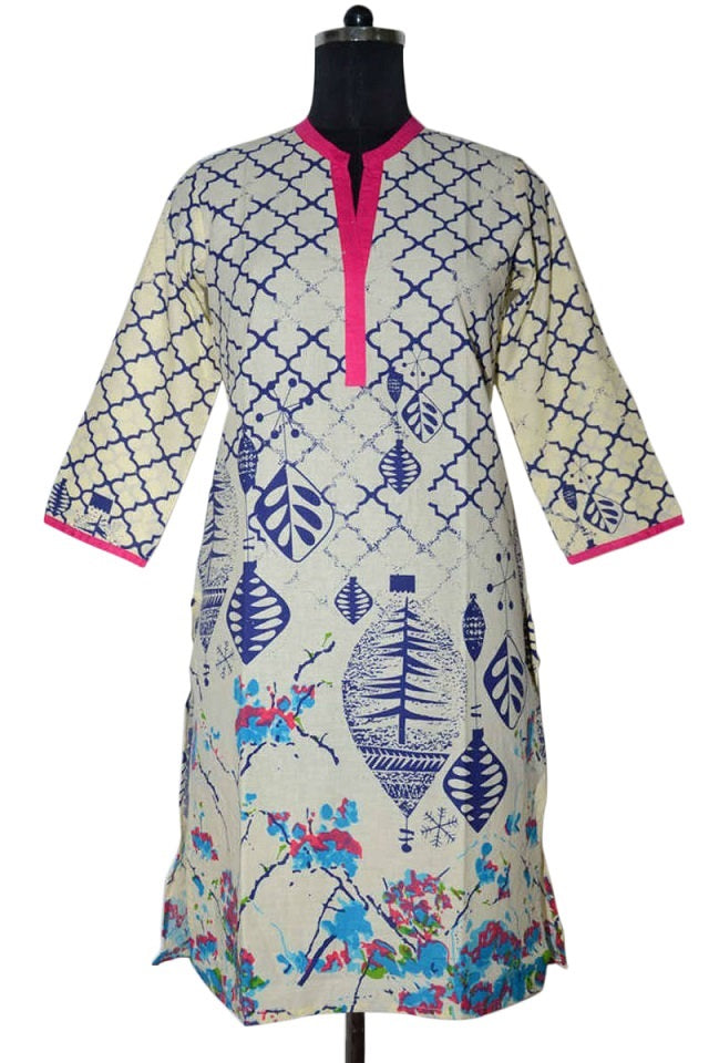 Blue Cotton Printed Round Neck Kurti only in Bigswipe