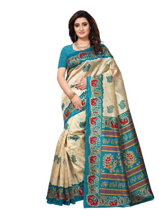 Beige, Turquoise Color  Poly Silk Saree only in Bigswipe