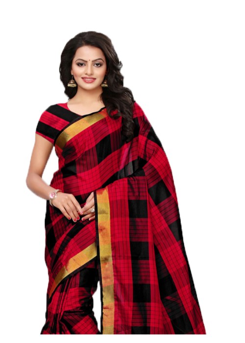 Red, Black Color Poly Silk Woven Checks Work Saree