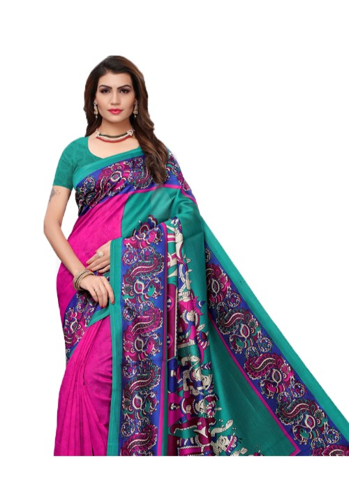 Pink, Multi Color Poly Silk Printed Work Saree only in Bigswipe