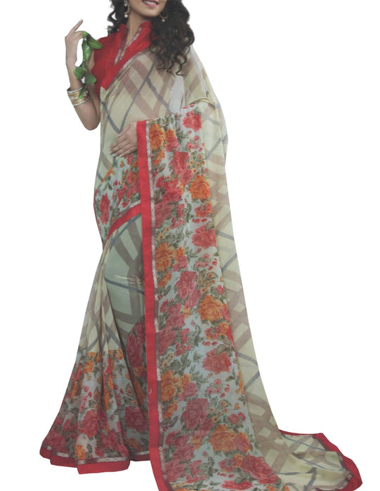 Chiffon Digital Color Printed Saree-Sandal with Flower only in Bigswipe