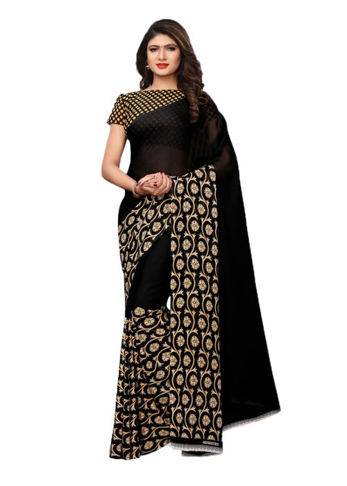 Black, Beige Color Georgette Printed Work Saree only in Bigswipe