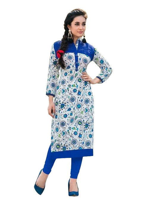 Blue Cotton Printed Chinese Collar Long Kurti only in Bigswipe