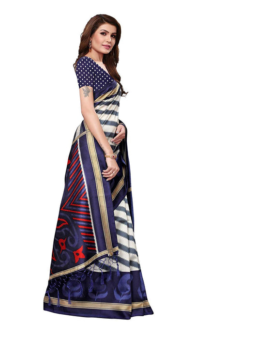 Off White, Navy Blue Color Poly Silk Saree only in Bigswipe